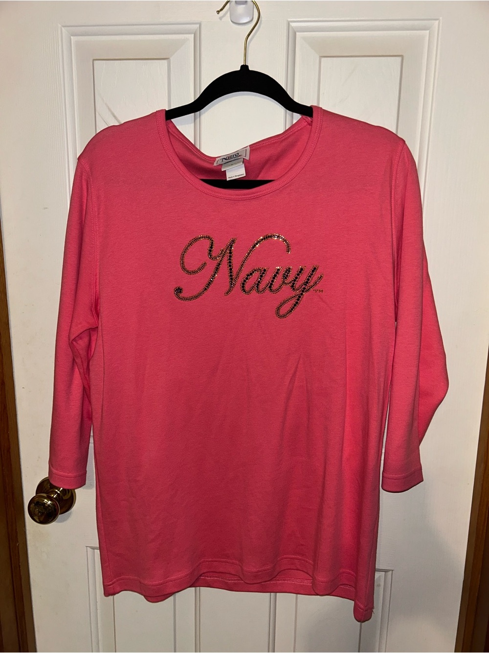 Embellished Pink Long Sleeve Tee with 'Navy' Script